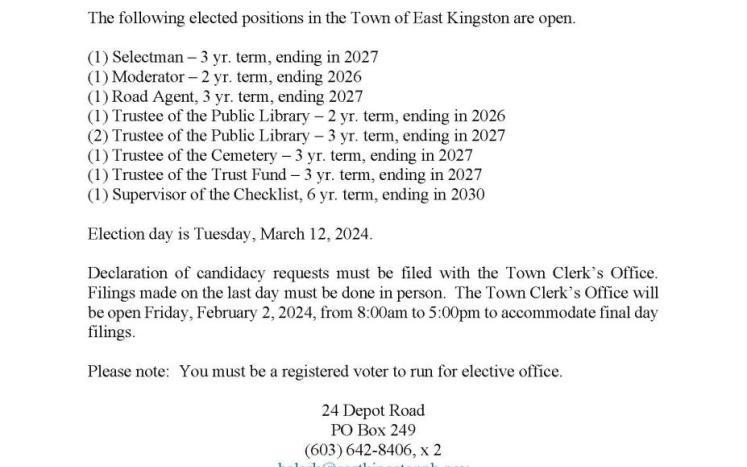 Filing Period for Town Officers